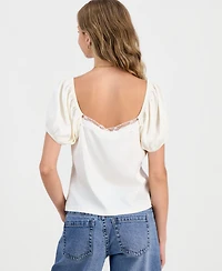 Celebrity Pink Juniors' Lace-Trim Satin Puff-Sleeve Top