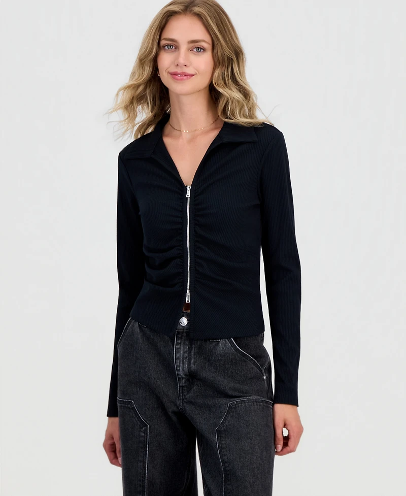 Ultra Flirt Juniors' Zip-Front Ribbed Knit Top