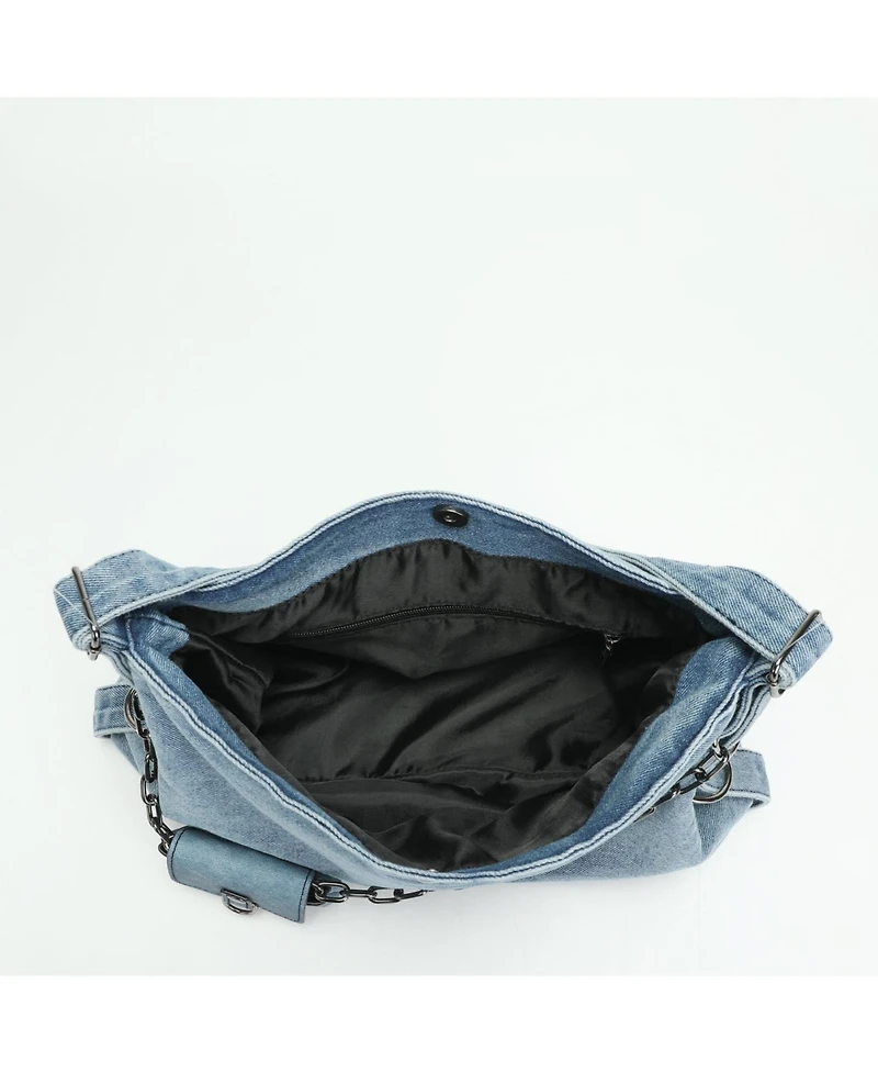 Susu Women's Drift Hobo Bag Slouchy Shoulder Bag Crossbody Purse Casual Washed Denim Handbag with Chain Accent