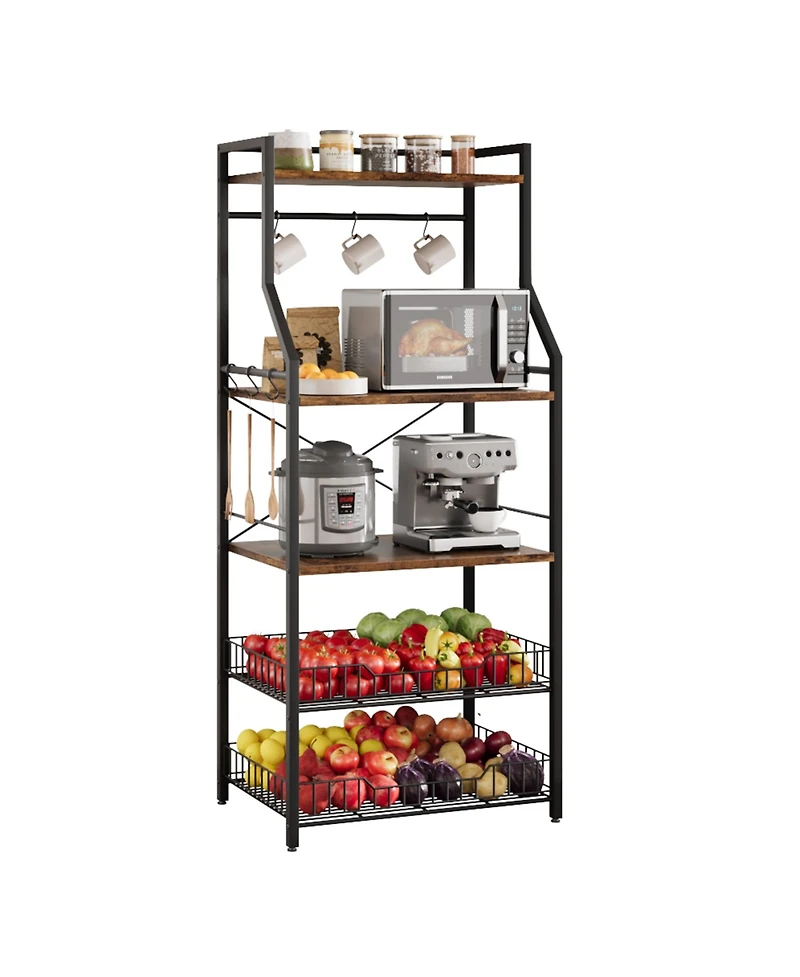 gaomon kitchen baking rack, microwave rack with 2 large metal wire baskets, coffee bar, 5-tier multifunctional storage 8 hooks