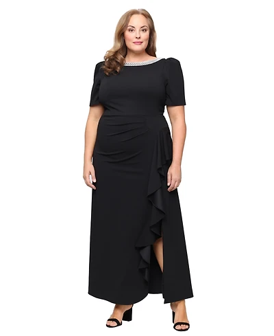 Alex Evenings Plus Embellished Boat-Neck Cascade Ruffle Gown