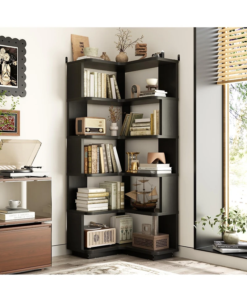 Aheaplus 5-Tier Corner Bookshelf, Space-saving Bookcase Display Storage Shelf