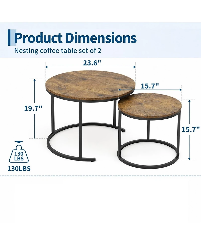 gaomon Round Nesting Coffee Table Set of 2, Round Coffee Table for Living Room, Space Saving Nesting Tables, Metal Frame