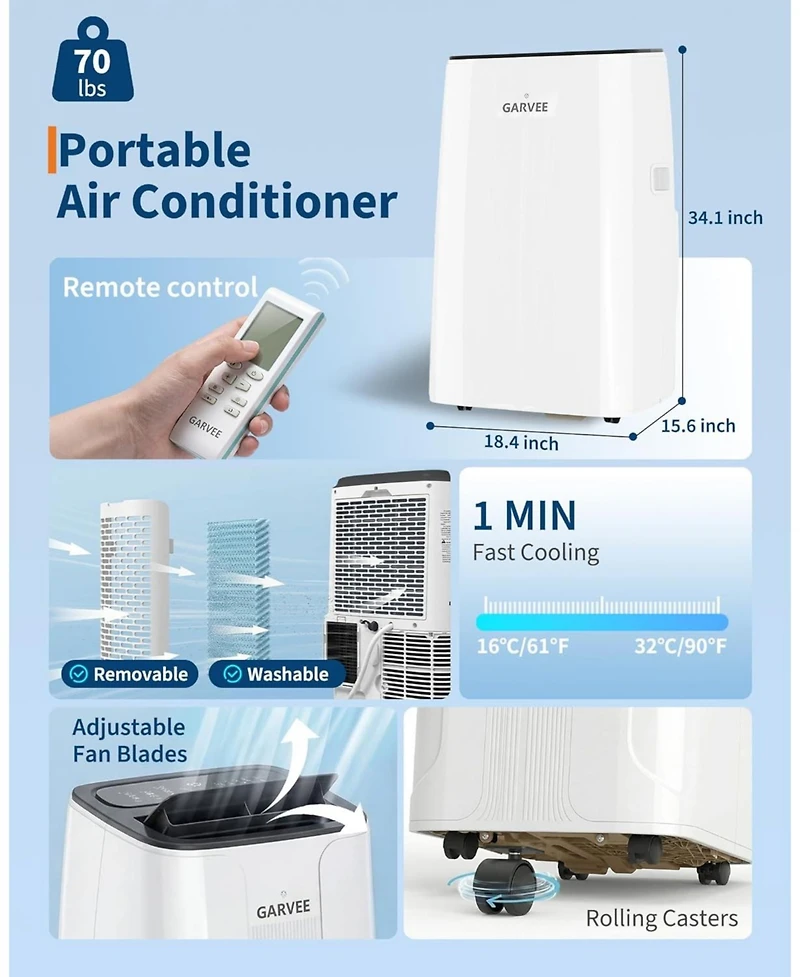 Xo 14,000 Btu Portable Air Conditioner with Fast Cool, Air Purification, Child Lock, Cools Up to 750 Sq. Ft.
