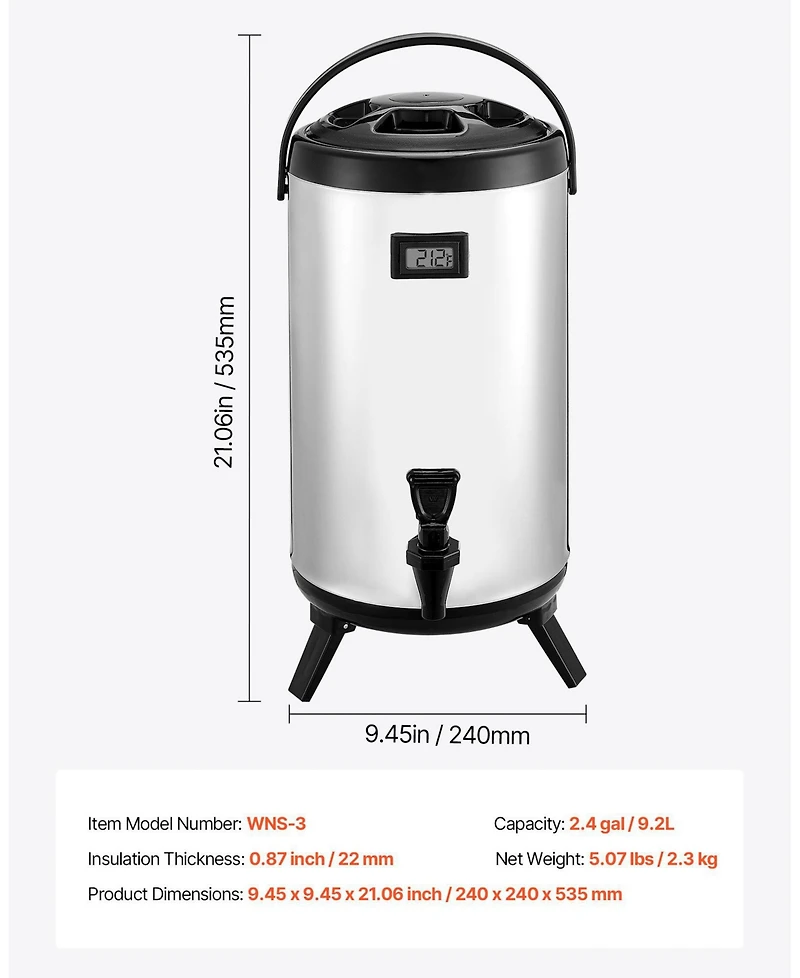 Cozito Insulated Beverage Dispenser, 2.4 Gal 9.2L Stainless Steel Server with Display