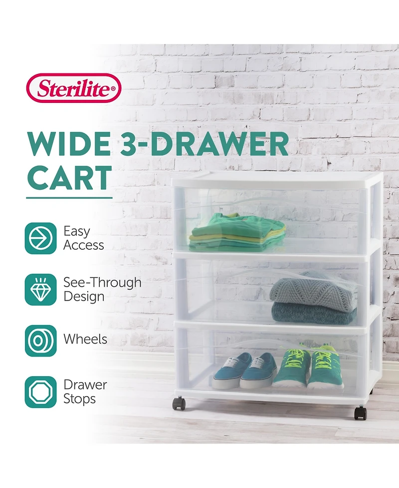 Sterilite Wide 3 Drawer Storage Cart, Plastic Rolling Organizer, Frame