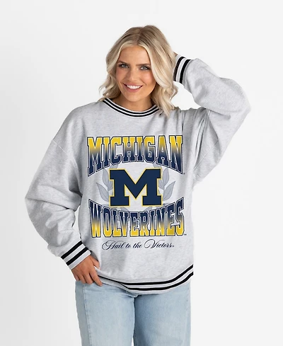 Gameday Couture Women's Ash Michigan Wolverines Oversized Fade Route Ringer Stripe Sweatshirt