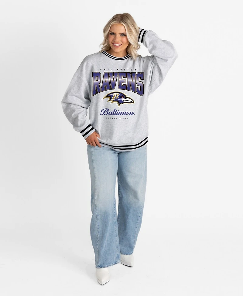 Gameday Couture Women's Ash/Black Baltimore Ravens Oversized Gridiron Drive Ringer Stripe Sweatshirt