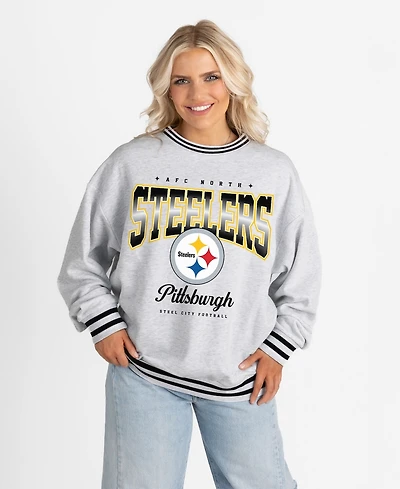 Gameday Couture Women's Ash/Black Pittsburgh Steelers Oversized Gridiron Drive Ringer Stripe Sweatshirt