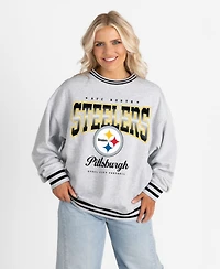 Gameday Couture Women's Ash/Black Pittsburgh Steelers Oversized Gridiron Drive Ringer Stripe Sweatshirt