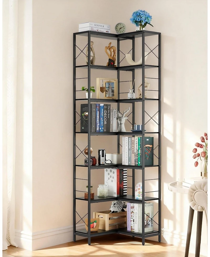 gaomon 7 Tier Industrial Corner Bookshelf Wood and Metal Frame Large Bookcase, Freestanding Display Shelf for Living Room, Kitchen, Home Office