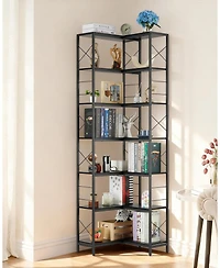 gaomon 7 Tier Industrial Corner Bookshelf Wood and Metal Frame Large Bookcase, Freestanding Display Shelf for Living Room, Kitchen, Home Office