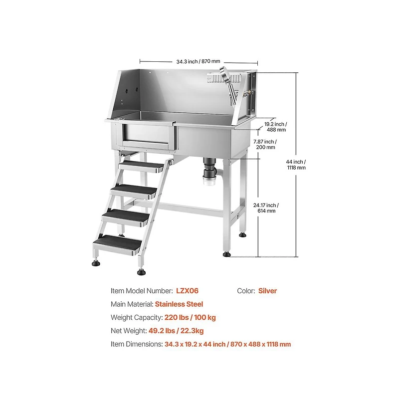 Ruie 34 inch Stainless Steel Dog Grooming Bathtub with Non Slip Stairs and Faucet Left Door
