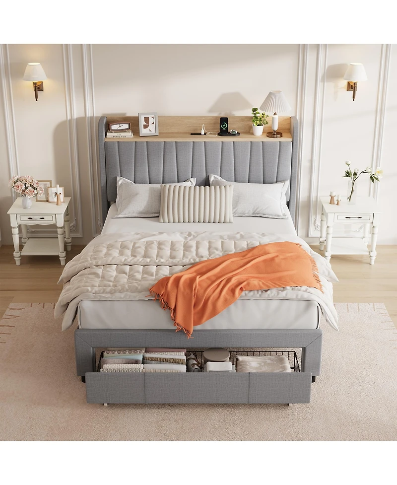 homfan Upholstered Bed Frame with Storage Headboard, Charging Station, Underbed Drawers, Wood Slat Support, No Box Spring Needed