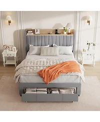 homfan Upholstered Bed Frame with Storage Headboard, Charging Station, Underbed Drawers, Wood Slat Support, No Box Spring Needed