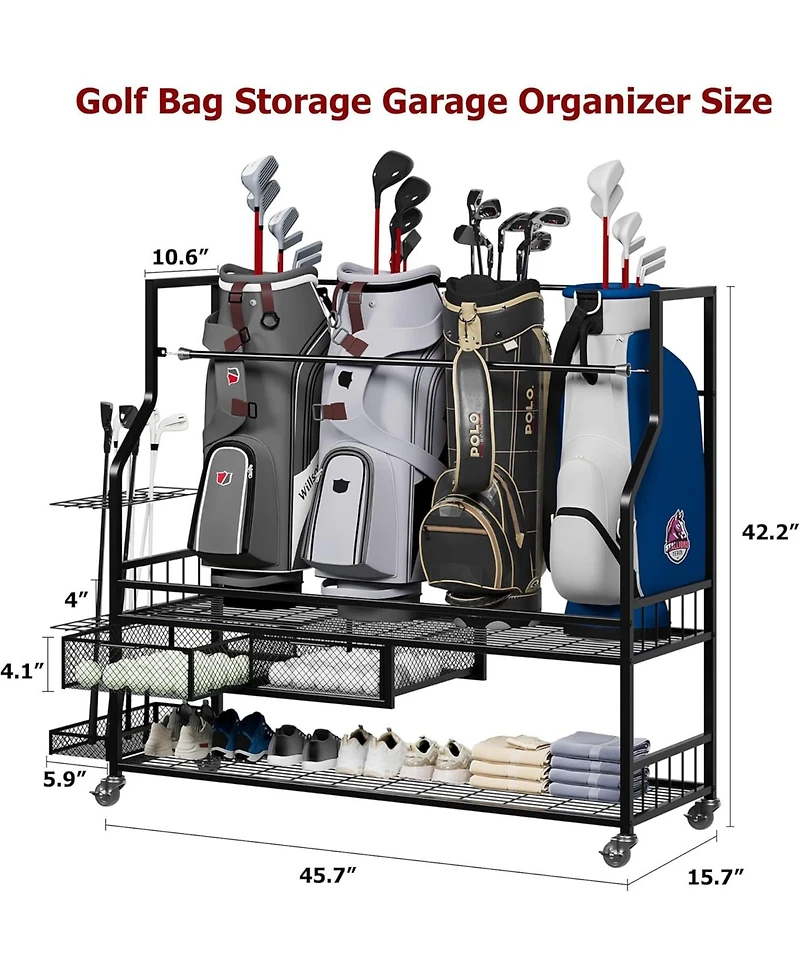 Xo Golf Bag Storage Rack with Wheels, Heavy Duty Golf Organizer for 4-5 Bags, Rolling Storage Cart for Garage Basement Golf Equipment
