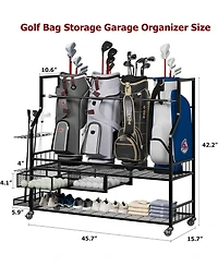 Xo Golf Bag Storage Rack with Wheels, Heavy Duty Golf Organizer for 4-5 Bags, Rolling Storage Cart for Garage Basement Golf Equipment