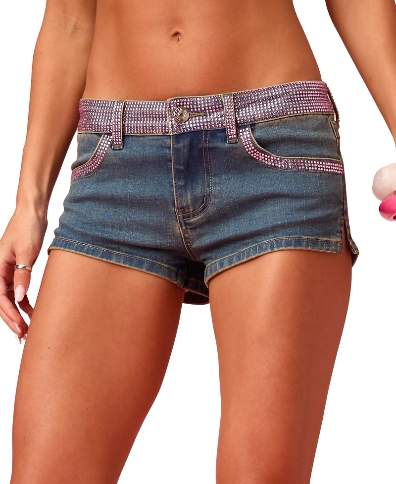 Edikted Womens Barbie Rhinestone Low Rise Denim Shorts
