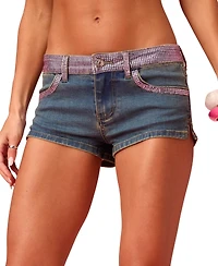 Edikted Womens Barbie Rhinestone Low Rise Denim Shorts