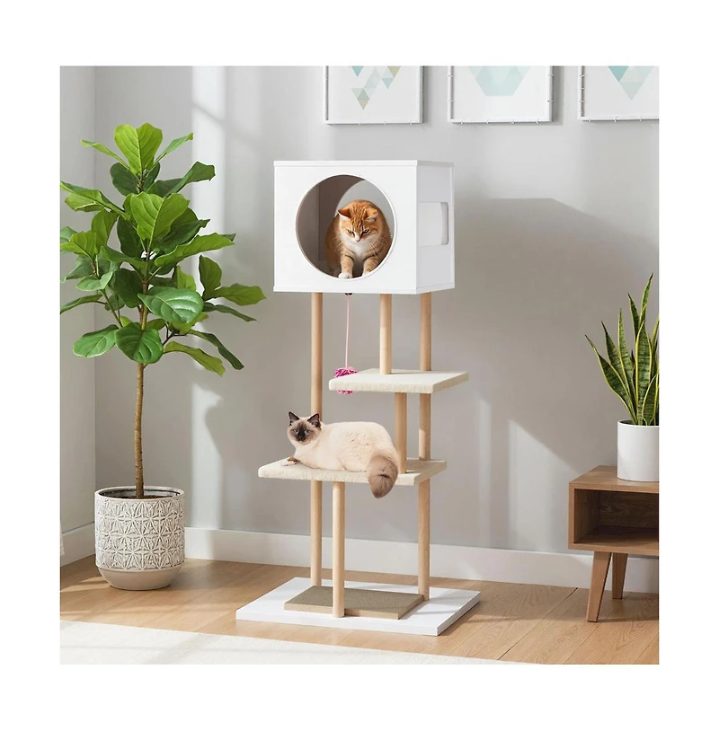 Ruie Tall Wood Cat Tower with 2-Door Condo and Corrugated Scratching Cardboard