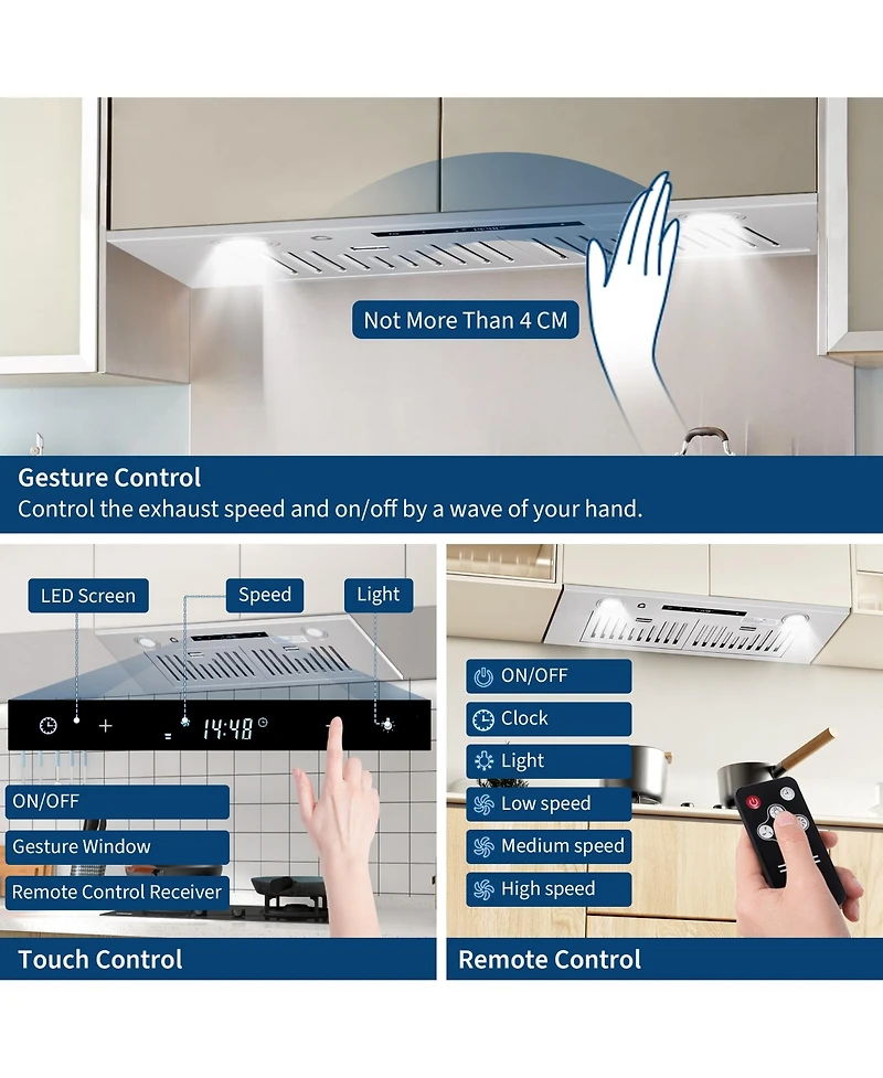 Xo Powerful 450 Cfm Built-In Range Hood Insert - 3-Speed Touch and Gesture Control - Remote