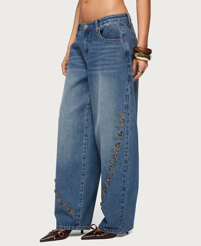 Edikted Womens Button Stitch Low Rise Barrel Jeans