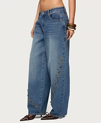 Edikted Womens Button Stitch Low Rise Barrel Jeans