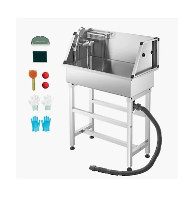 Ruie 34 inch Stainless Steel Dog Grooming Tub with Hot Cold Faucet and Storage Rack
