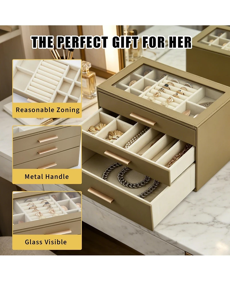 gaomon 3-Tier Jewelry Box with Glass Lid, 3 Drawers, Pearl Velvet Lining, Pu Leather, for Dresser and Vanity