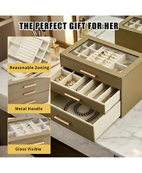 gaomon 3-Tier Jewelry Box with Glass Lid, 3 Drawers, Pearl Velvet Lining, Pu Leather, for Dresser and Vanity