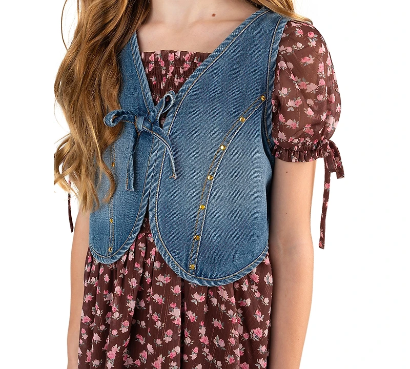 Rare Editions Girls' 7-16 Vest and Printed Puff Sleeves Smocked Dress, 2-Piece Set