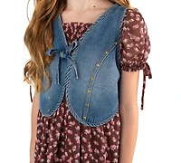 Rare Editions Girls' 7-16 Vest and Printed Puff Sleeves Smocked Dress, 2-Piece Set
