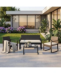 gaomon 4 Piece Pe Rattan Patio Furniture Set Outdoor Rocking Chair Conversation Set with Coffee Table and Soft Cushions All-Weather Wicker
