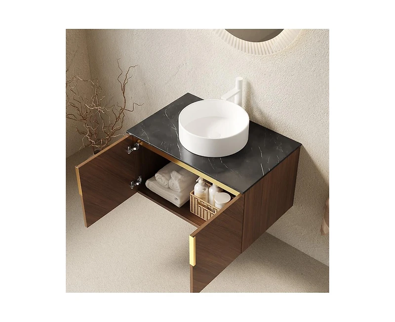 Casainc 30" Wall-Mounted Bathroom Vanity with Ceramic Sink and Sintered Stone Countertop, Double-Door Storage Cabinet