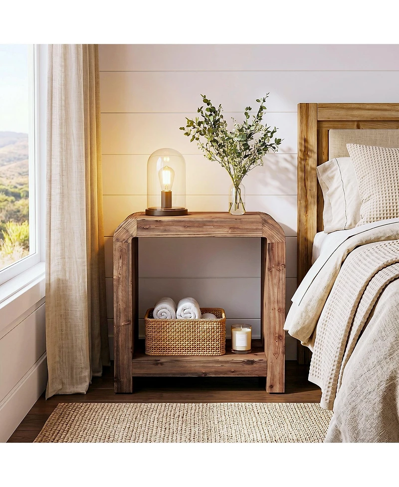 Tribesigns 2-Tier Solid Wood End Table, Farmhouse Rustic Nightstand,Narrow Side Table with Storage Shelves