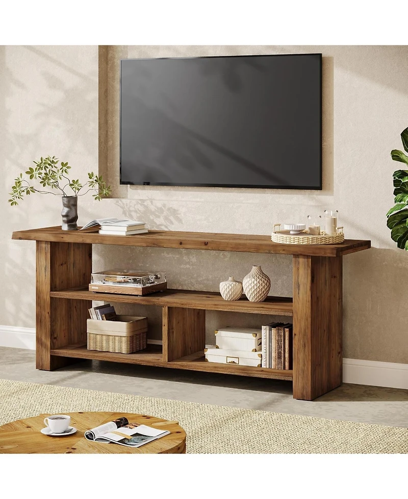 Tribesigns 63" Solid Wood Tv Stand for TVs up to 75 Inch, 3-Tier Farmhouse Wooden Entertainment Center, Low Media Console Television Stands