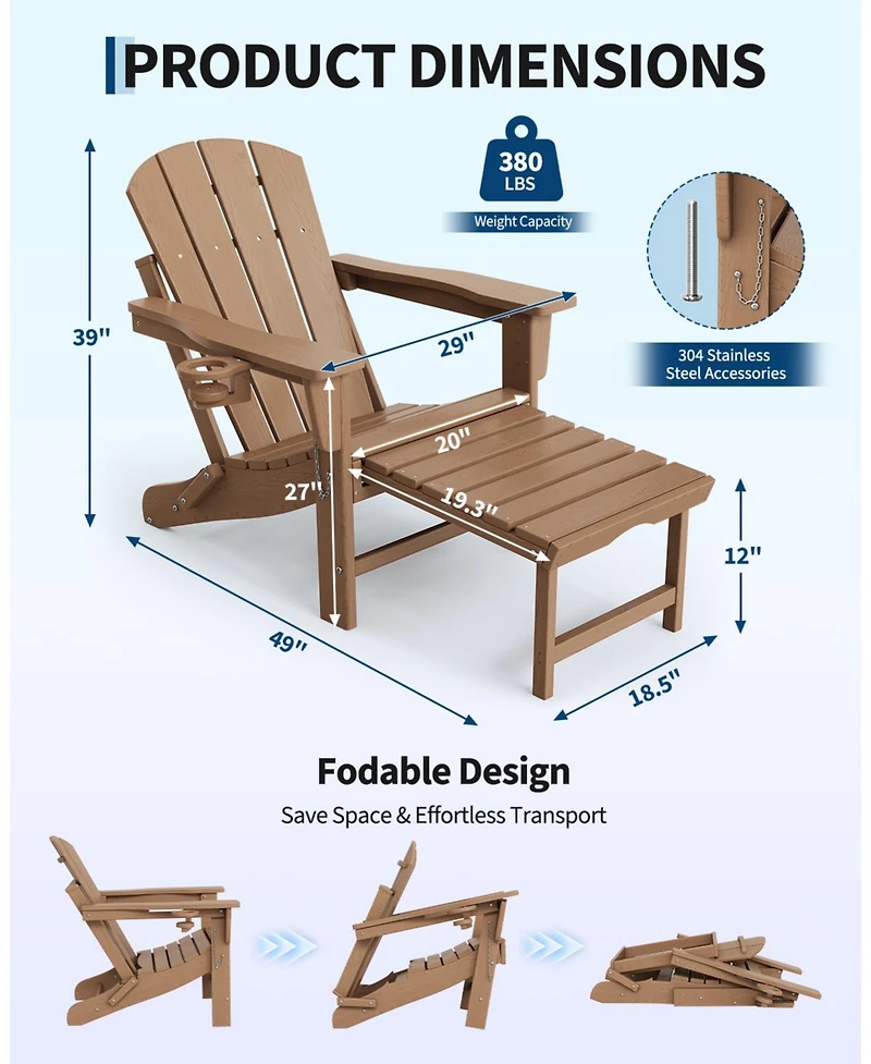 gaomon All-Weather Hdpe Outdoor Folding Adirondack Rocking Chair with Retractable Ottoman for patios, Decks, Gardens