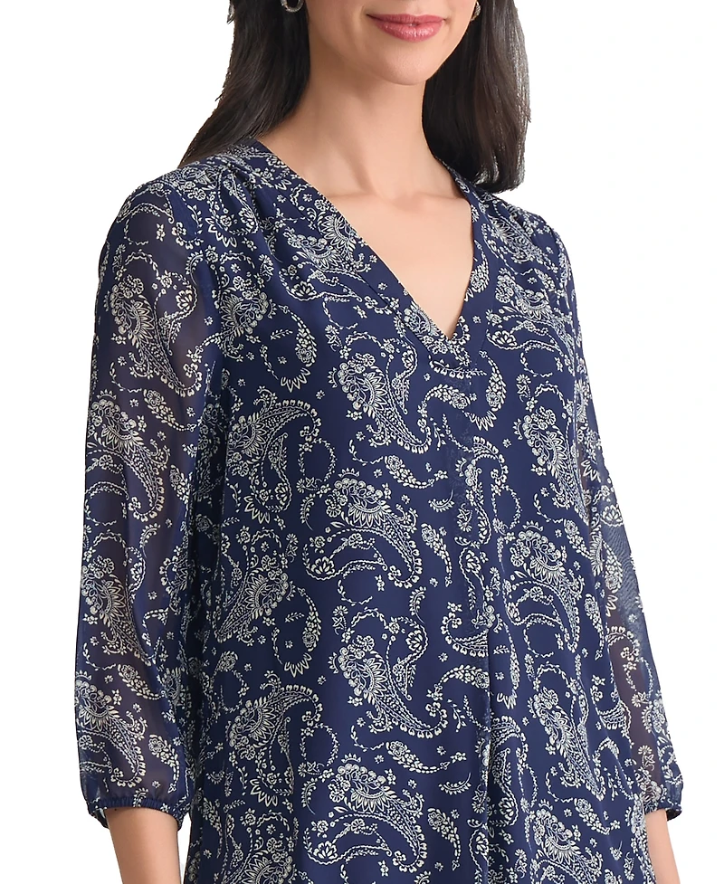 Jones New York Women's Kelly Printed Sheer-Sleeve Pleated Blouse