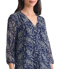 Jones New York Women's Kelly Printed Sheer-Sleeve Pleated Blouse
