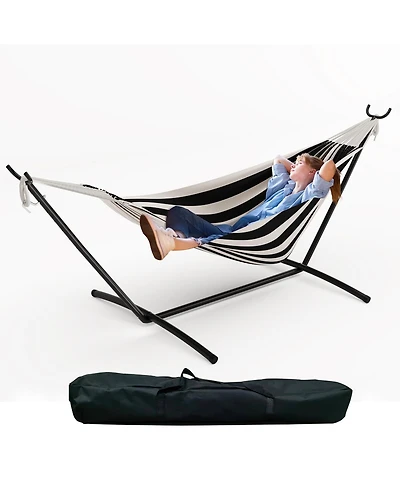 gaomon Double Hammock with Foldable Steel Stand and Carry Bag, Weight Capacity Indoor Outdoor Standing Hammock, Portable Cotton
