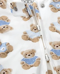 Baby Essentials Boys' Bear Print coverall, Blanket, Hat and Wooden Sign, 4-Piece Set