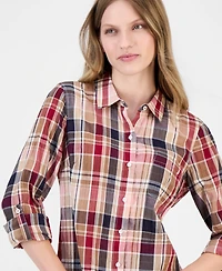 Nautica Women's Crinkle Plaid Roll-Tab Shirt