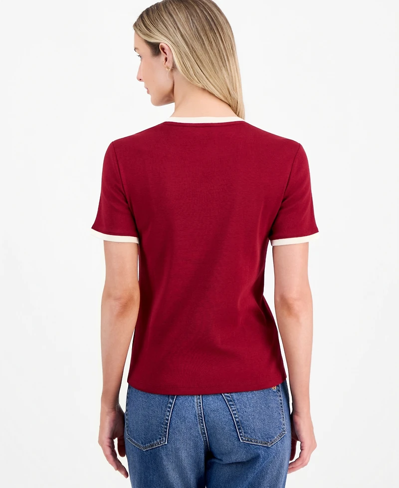 Nautica Women's Cotton Button-Shoulder Ringer T-Shirt