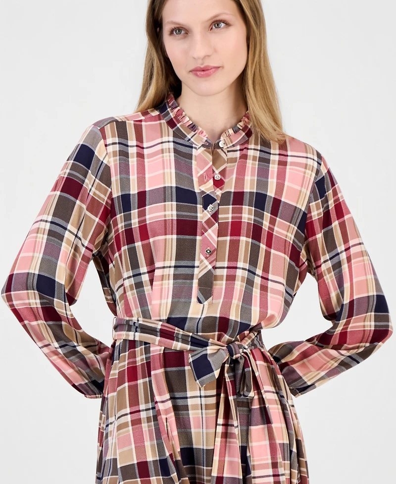 Nautica Women's Plaid Ruffled-Neckline Long-Sleeve Shirtdress