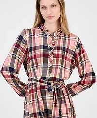 Nautica Women's Plaid Ruffled-Neckline Long-Sleeve Shirtdress