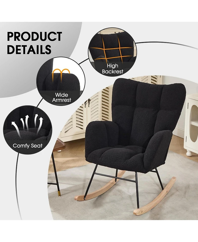 Rainsken Comfortable Glider Rocking Chair, Upholstered Teddy fabric Accent Chairs, Solid Wood Frame, for Living Rooms Bedrooms Offices