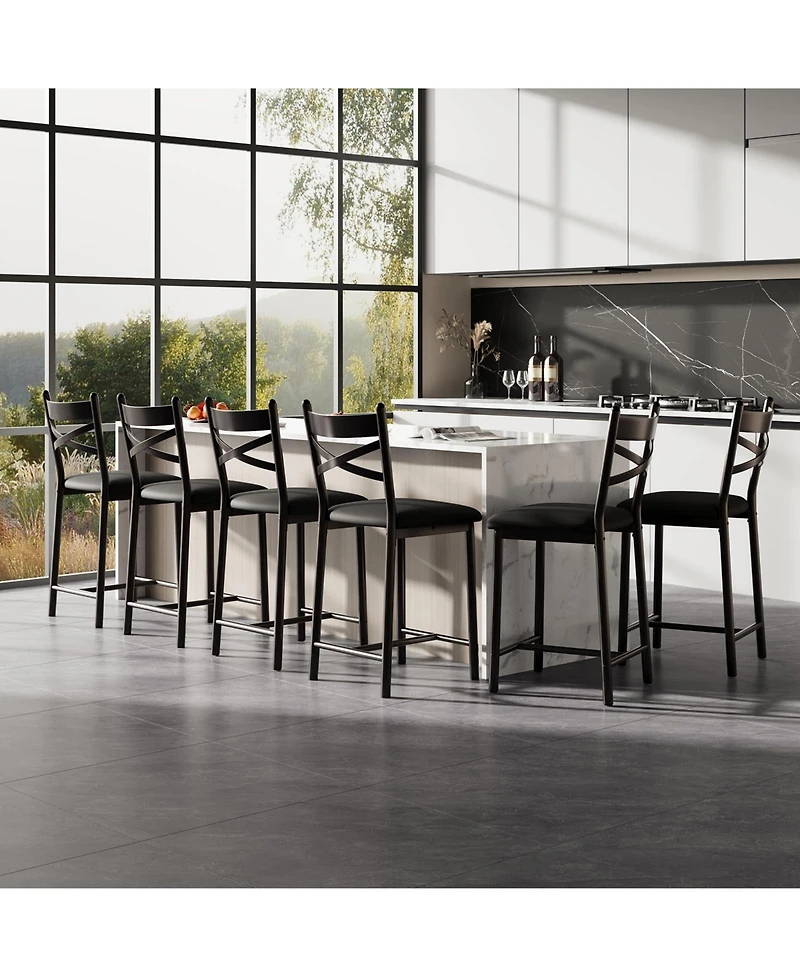 gaomon Counter Height Bar Stools Set of 8, Upholstered Dining Chairs, Thick Cushion, X-Back, Waterproof Pu Leather, for Kitchen Island