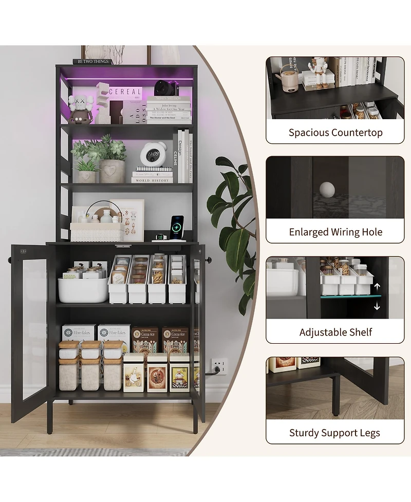 Gaomon 67" Home Bar Cabinet, Wine Storage with Built-in Power Outlets, Led Lighting for Living Room