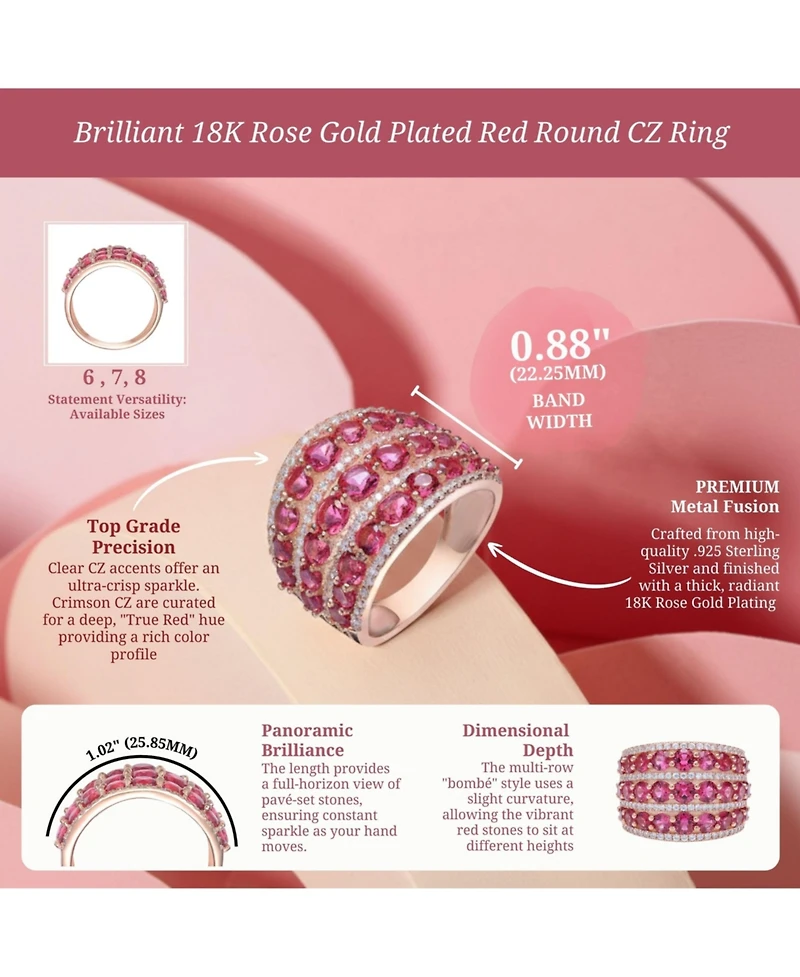 Red Round Shaped Cubic Zirconia Stone 18K Rose Gold Plated Sterling Silver Ring