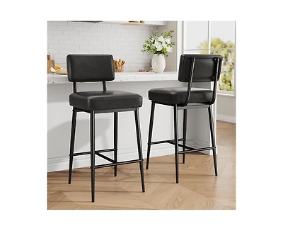homfan 2 Set of Faux Leather Counter Height Bar Stools with Backrest, Modern Upholstered Chairs with Metal Legs for Kitchen Island and Counter Bar